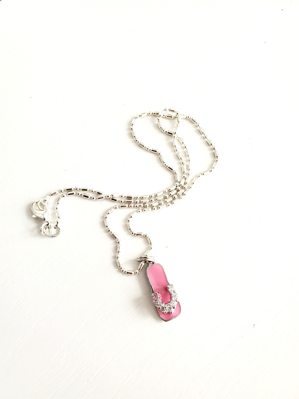 Vintage 925 Sterling Silver Pink Enamel Flip Flop Bead Chain Necklace